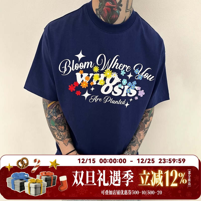 WHOOSIS（不知其名）彩虹花卉刺绣短袖t恤美式夏男女校园情侣百搭