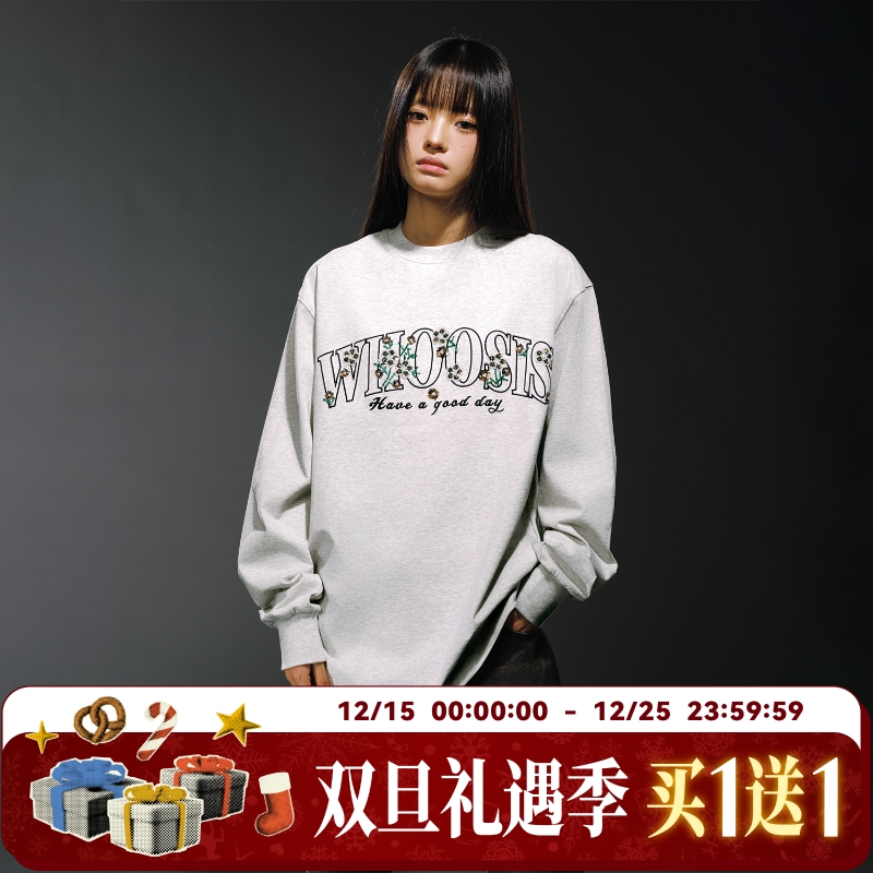 WHOOSIS花卉串珠长袖T恤