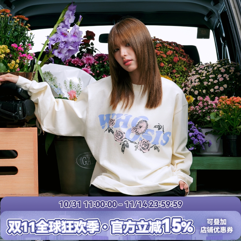 WHOOSIS（不知其名）破碎玫瑰烫钻长袖T恤秋季酷飒独特美式男女潮