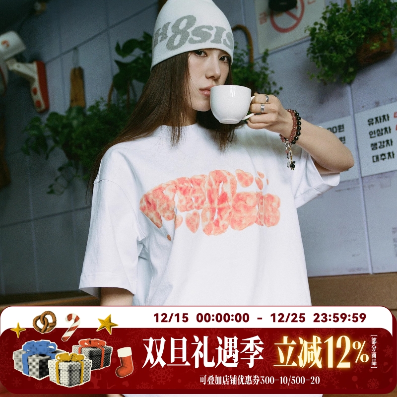 WHOOSIS（不知其名）毛绒印花短袖t恤重磅美式新品百搭简约潮男女