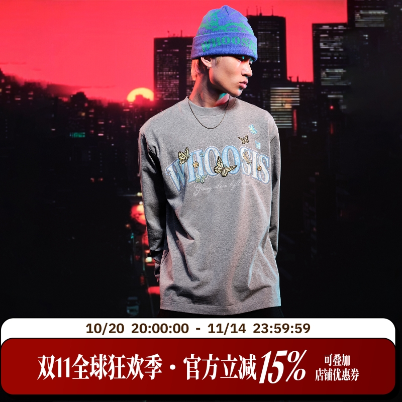 WHOOSIS（不知其名）蝴蝶刺绣长袖T恤重磅休闲男女秋季简约情侣潮