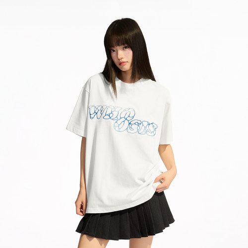 WHOOSIS（不知其名）波纹刺绣短袖T恤夏休闲宽松百搭男女校园情侣