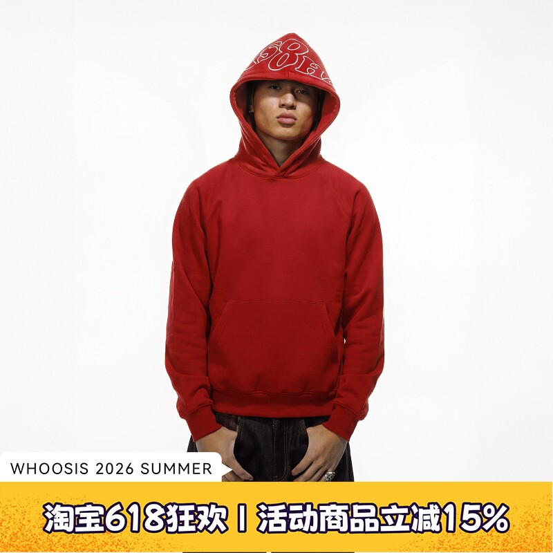 WHOOSIS（不知其名）刺绣LOGO帽衫卫衣新年红色春季宽松日常男女