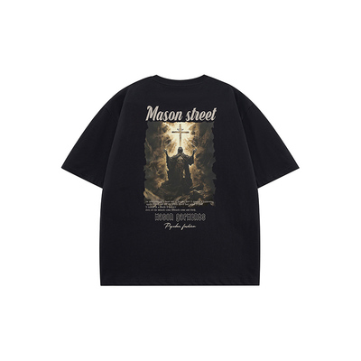 masongarments 美式高街复古油画十字架印花宽松痞帅短袖T恤
