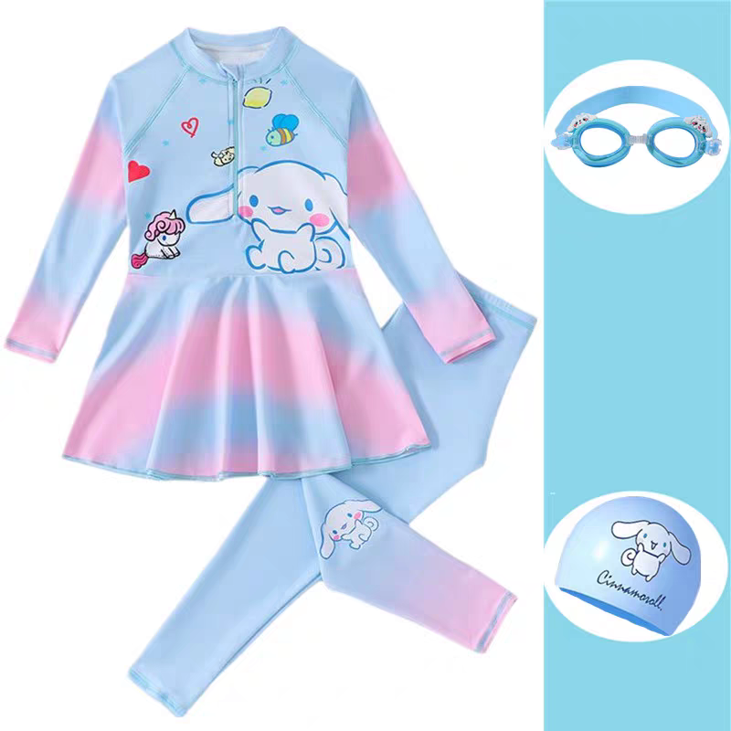 大耳狗儿童泳衣女童小孩宝宝长袖长裤分体游泳衣裤泡温泉海边防晒