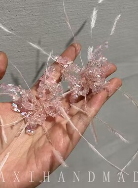 新款气质新娘粉色蝴蝶羽毛耳夹
