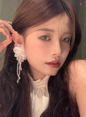 手工欧根纱花朵水晶流苏耳钉女森系清新度假耳环夏季夸张个性耳饰