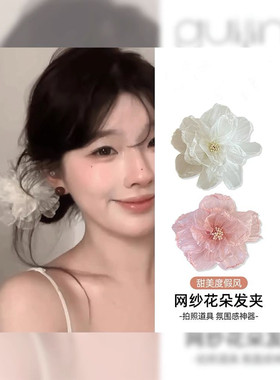 清冷感～超仙网纱白色花朵发夹女刘海侧边夹发饰春夏发卡海边头饰
