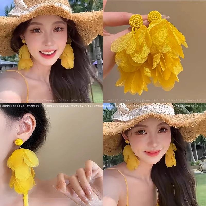 阳光明媚 黄色雪纺花瓣流苏耳环女海边度假氛围感耳钉串珠耳饰秋,饰品/流行首饰/时尚饰品新,耳环,淘宝优惠券,粉丝福利购,淘宝优惠卷