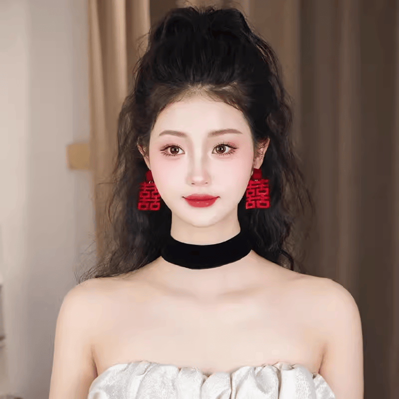 新款新娘耳环红色喜字双囍耳钉新中式结婚礼服敬酒服耳坠耳饰品