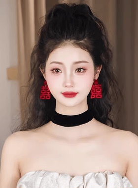 新款新娘耳环红色喜字双囍耳钉新中式结婚礼服敬酒服耳坠耳饰品