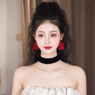 新款新娘耳环红色喜字双囍耳钉新中式结婚礼服敬酒服耳坠耳饰品