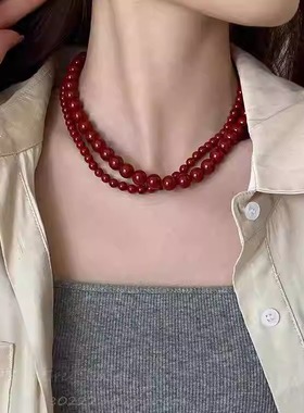 安可拉红珍珠项链女小众设计轻奢显白脖颈链颈链高级感锁骨链配饰