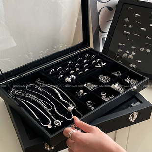 黑色高级感丝绒首饰盒项链戒指耳环防氧化透明收纳盒大容量饰品盒