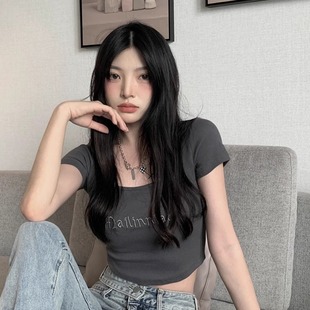 短款 设计感小众短袖 辣妹修身 T恤女夏季 露脐别致上衣潮 方领打底衫