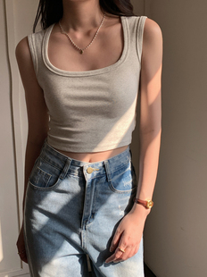 方领打底露脐设计感上衣吊带背心女 宽肩带短款 春夏季 辣妹纯棉无袖