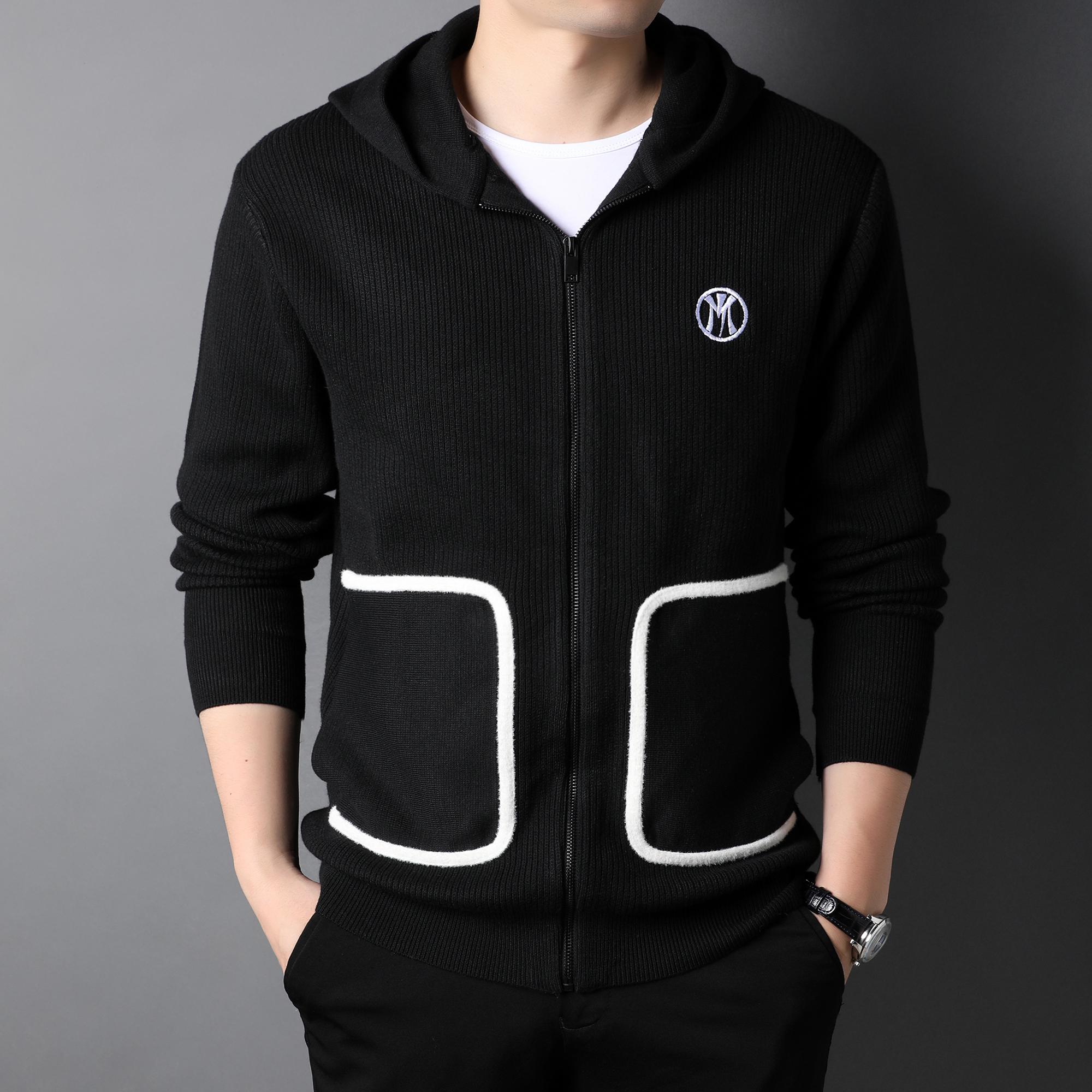 连帽针织开衫男士秋冬季毛衣休闲运动中青年韩版潮流羊毛衫外套男