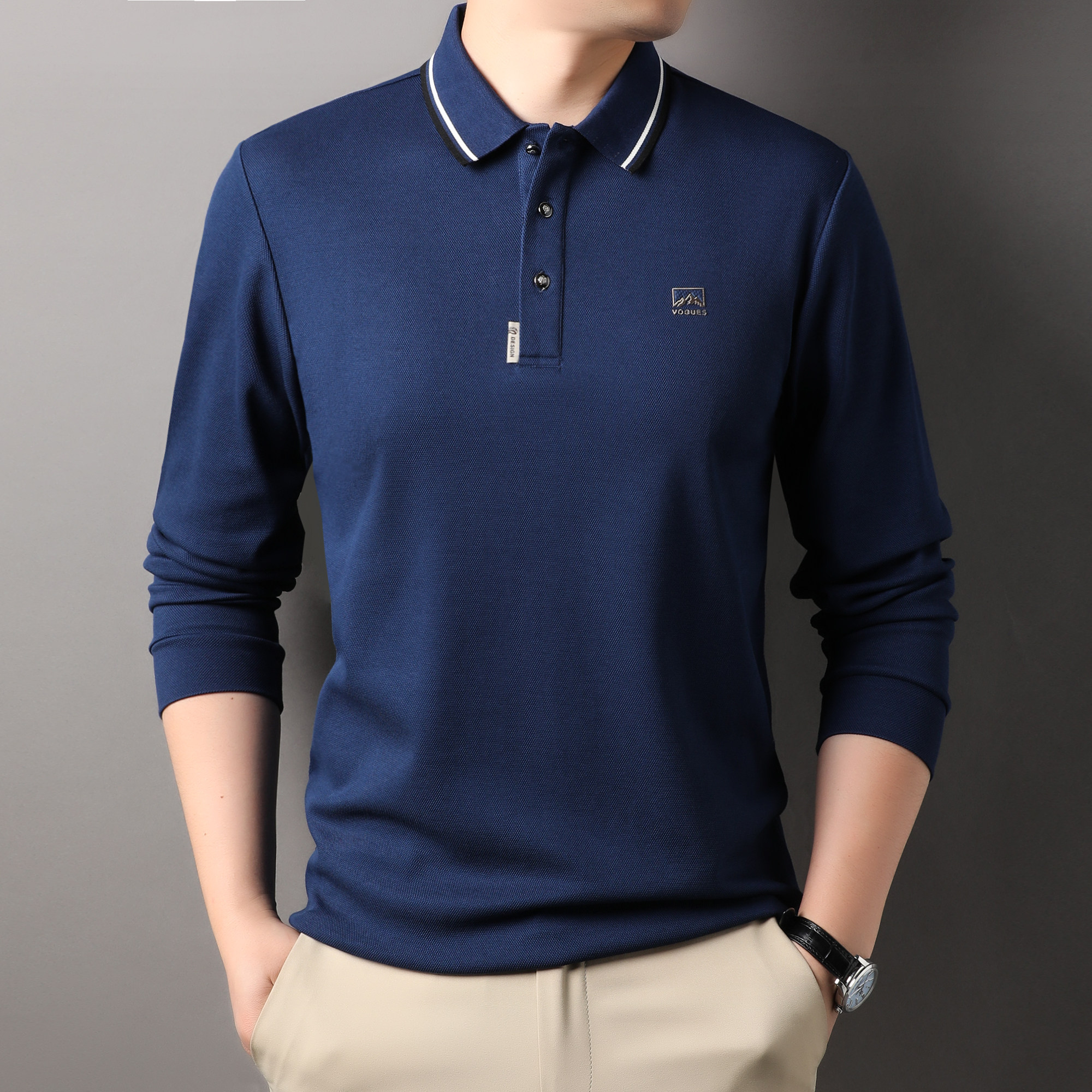 丝光棉长袖T恤男士休闲潮流爸爸装春秋款Polo衫刺绣透气打底衫男