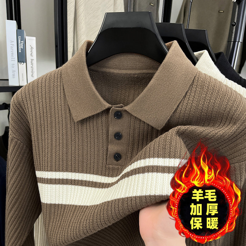 秋冬季羊毛衫男士翻领爸爸装条纹