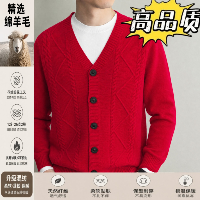 V领针织开衫外套男士秋冬季加厚