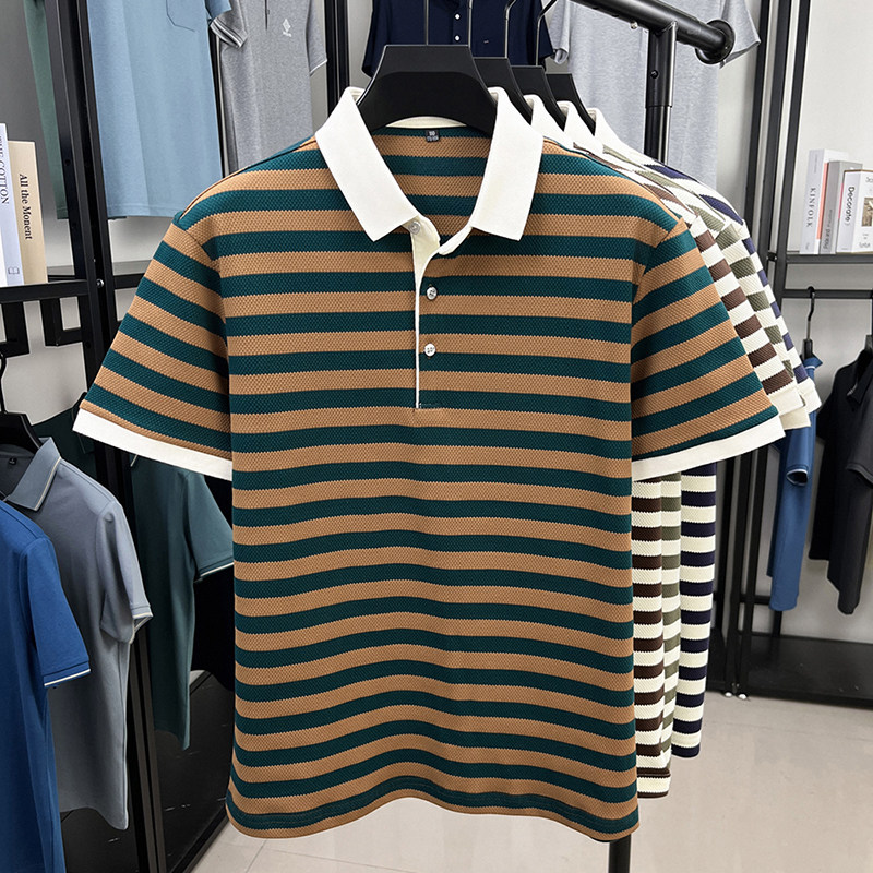 夏季条纹翻领男士短袖POLO衫爸爸装中年商务休闲丝光棉半袖t恤衫