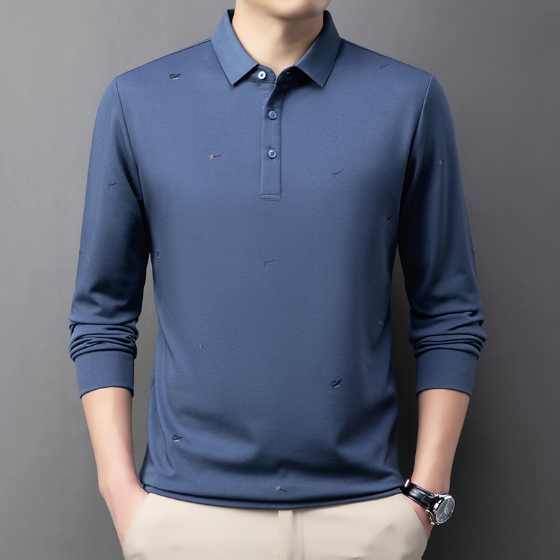 丝光棉长袖t恤男春秋季新款中年休闲宽松翻领打底Polo衫爸爸男装
