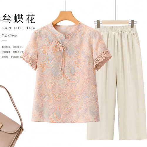 夏季新中式妈妈短袖T恤套装