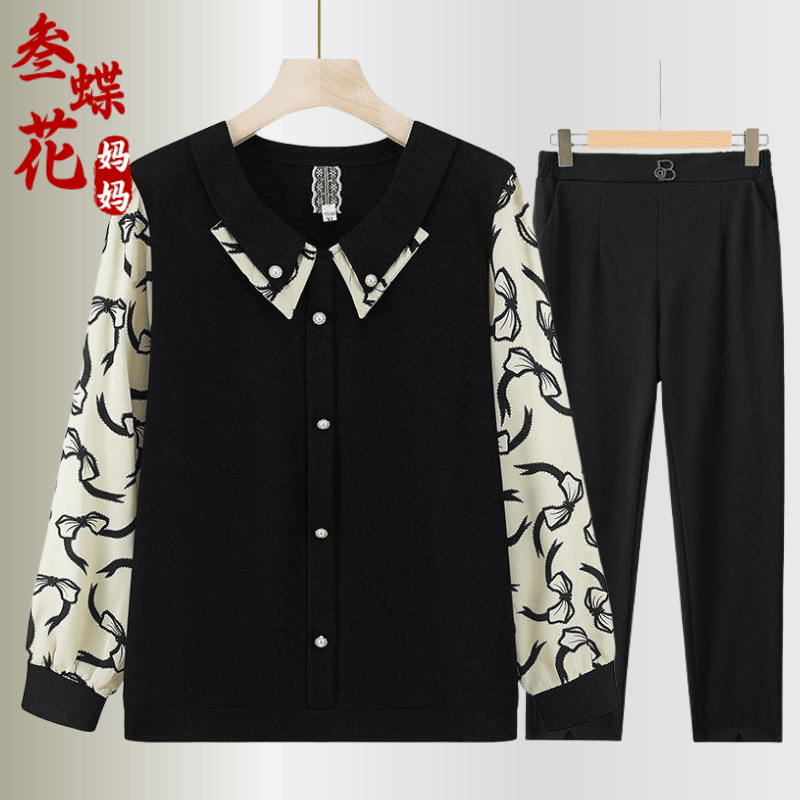 妈妈春秋装套装洋气时尚新款中年女长袖小衫中老年人夏季宽松上衣