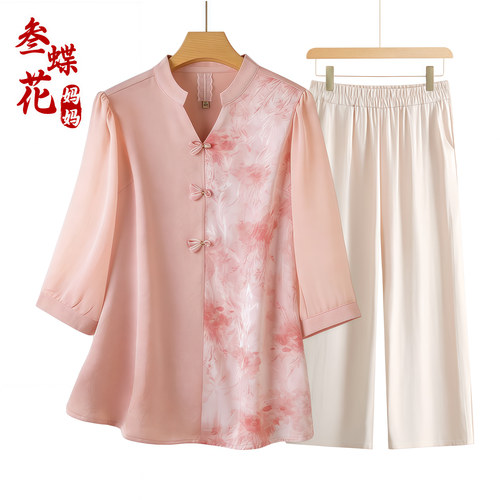 母亲节妈妈夏装新中式印花衬衫中老年女装洋气上衣中袖T恤小衫