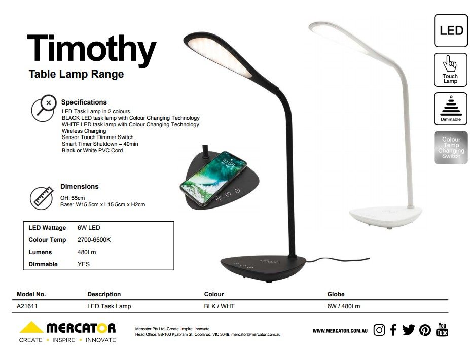 Timothy品牌LED学生护眼台灯卧室书桌阅读定时关机对手机无线充电