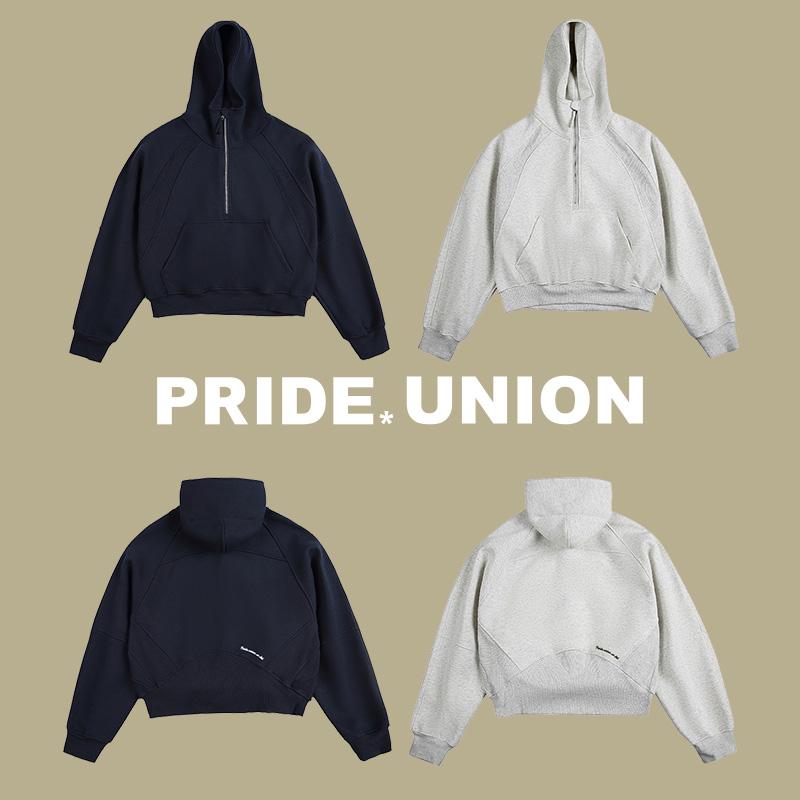 PRIDEUNION骄傲集结LOGO刺绣超重磅螺纹拼接半高龄拉链套头卫衣春