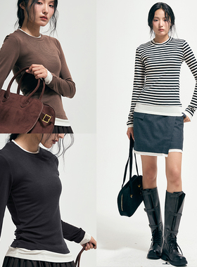 特价，不退不换，秋季新款莱赛尔混纺撞色假两件打底衫上衣女