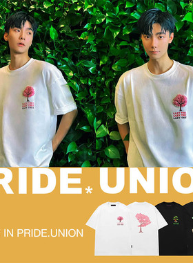 PRIDE*UNION 2024新款立体刺绣松树樱花树放轻松有钱花潮流短袖T