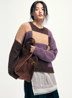 特价，不退不换。羊毛混纺复古彩点纱线三色方块撞色拼接毛衣女