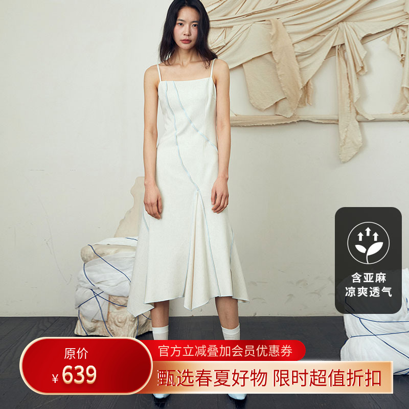 早春设计师品牌亚麻吊带连衣裙