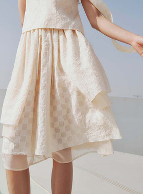 HOWL 度假风凹凸肌理感棋盘格飘逸半裙多片式层次感大裙摆