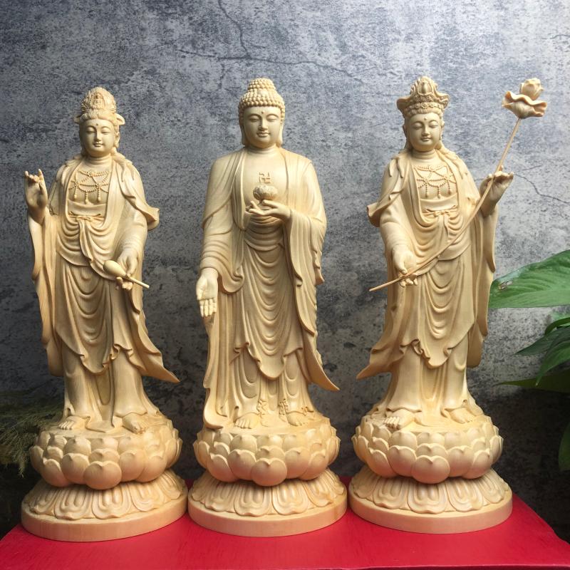 桧木阿弥陀佛实木莲花西方三圣佛