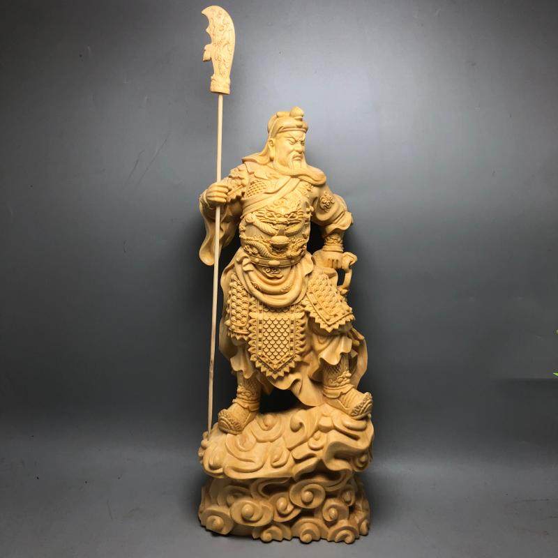 崖柏黄杨木雕立刀跨步关公关二爷实木摆件家居客厅车载装饰工艺品