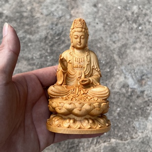 崖柏木雕坐莲托瓶观音菩萨像家用车载佛堂供奉实木佛像工艺品摆件