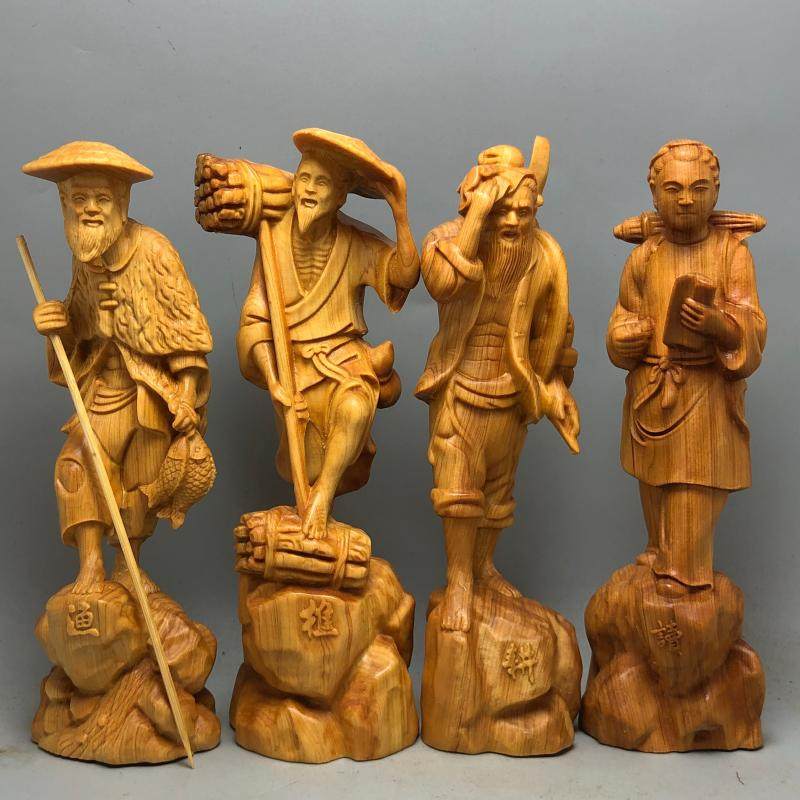 崖柏木雕渔樵耕读渔夫樵夫实木