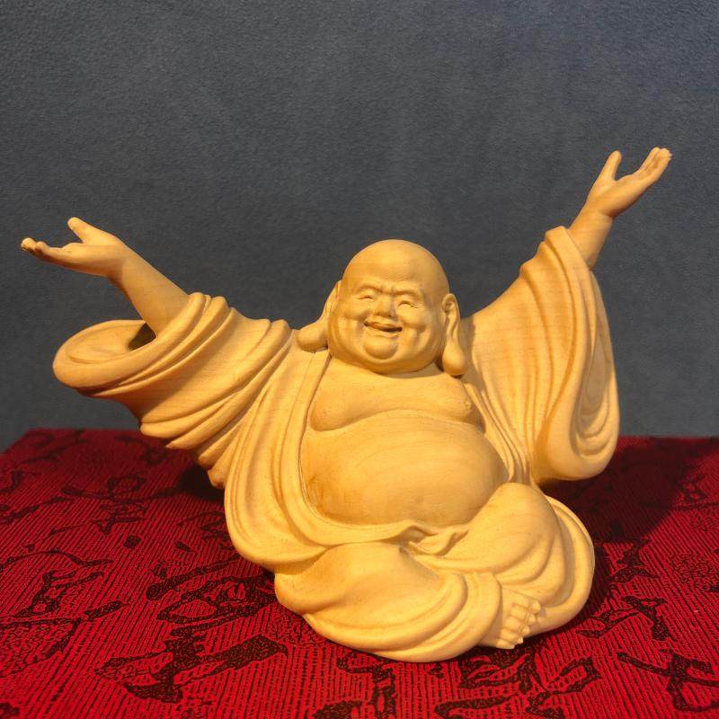 崖柏黄杨木雕欢天喜地开心弥勒佛像摆件家居车载茶宠装饰禅意礼品