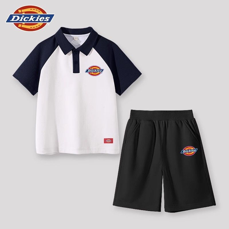 Dickies童装2025新款夏装polo领透气宽松条纹t恤洋气爆款两件套