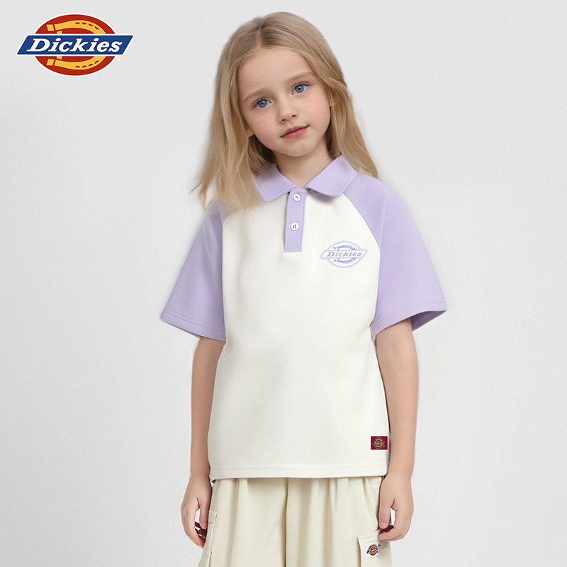 Dickies童装女童短袖t恤反季POLO衫儿童宽松运动服女孩撞色插肩袖