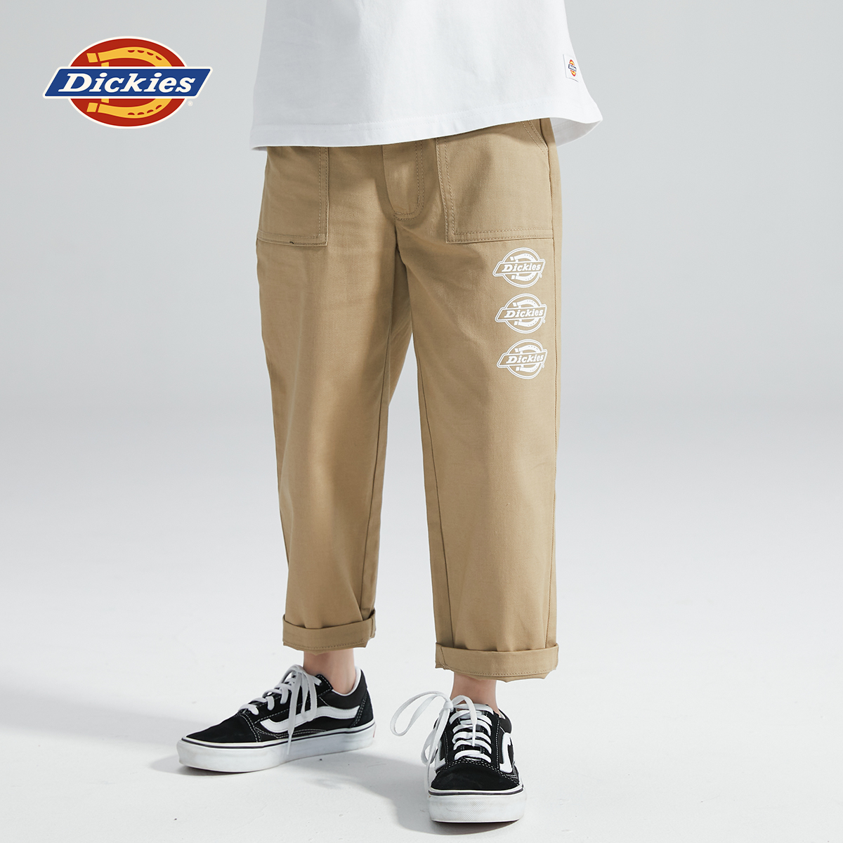 dickies男女中大潮童24年夏新印花LOGO工装裤可调节腰围9分长裤