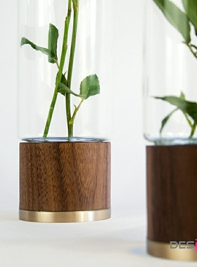 寄然玻璃花房黄铜实木底座直筒花瓶北欧桌面摆件圆柱形花插花器