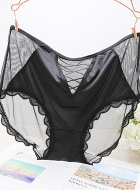 120~180斤 高腰性感大码黑色内裤女士胖mm丝滑缎面蕾丝三角裤棉裆