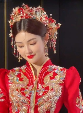 新娘秀禾琉璃凤冠头饰红色七彩百搭色流苏发簪龙凤褂发饰中式婚礼