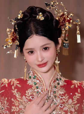 龙凤褂新娘头饰重工轻奢红蓝水晶