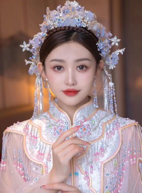 中式新娘发饰古装凤冠前后冠蓝色琉璃水晶饰品秀禾服结婚头饰套装