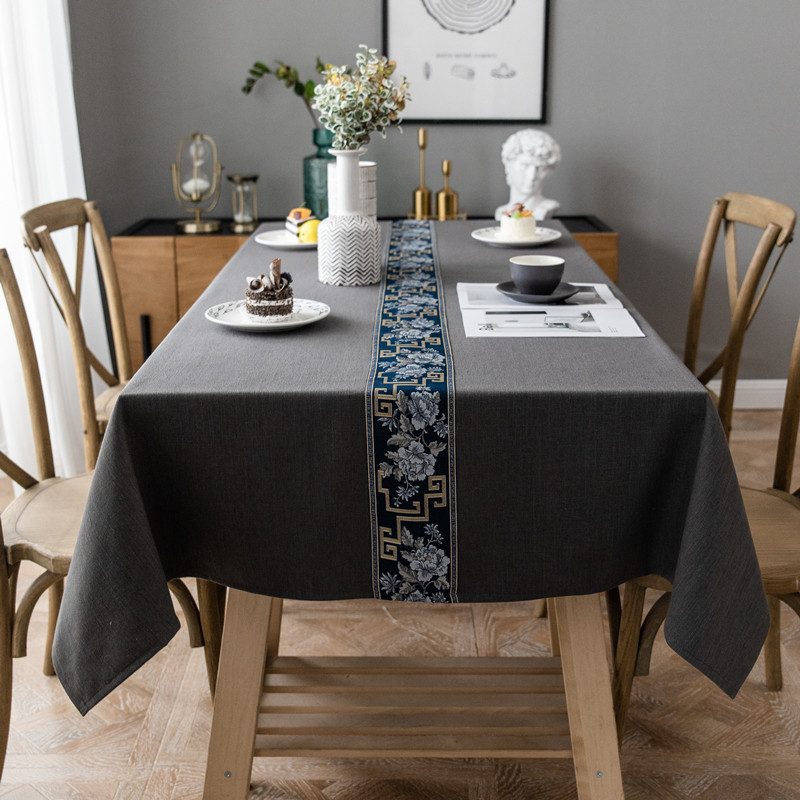 新中式餐桌布可定制会议桌布深色餐厅家用茶几长方形现代简约棉麻